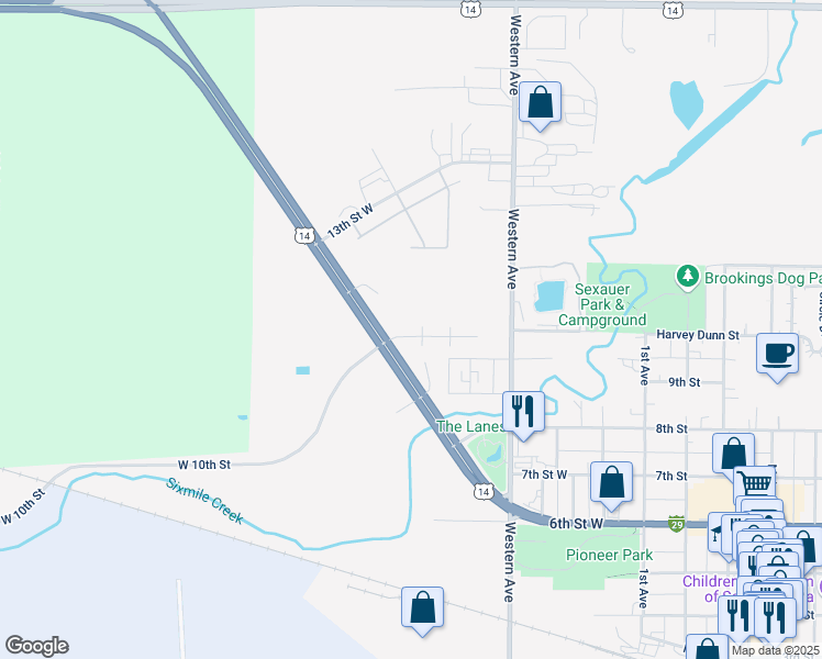 map of restaurants, bars, coffee shops, grocery stores, and more near West Highway 14 in Brookings