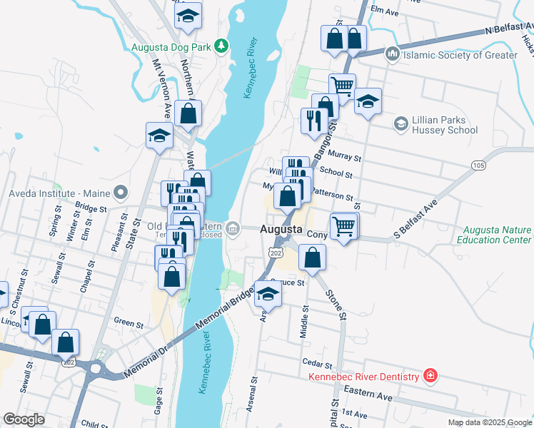 map of restaurants, bars, coffee shops, grocery stores, and more near 12 Noyes Place in Augusta