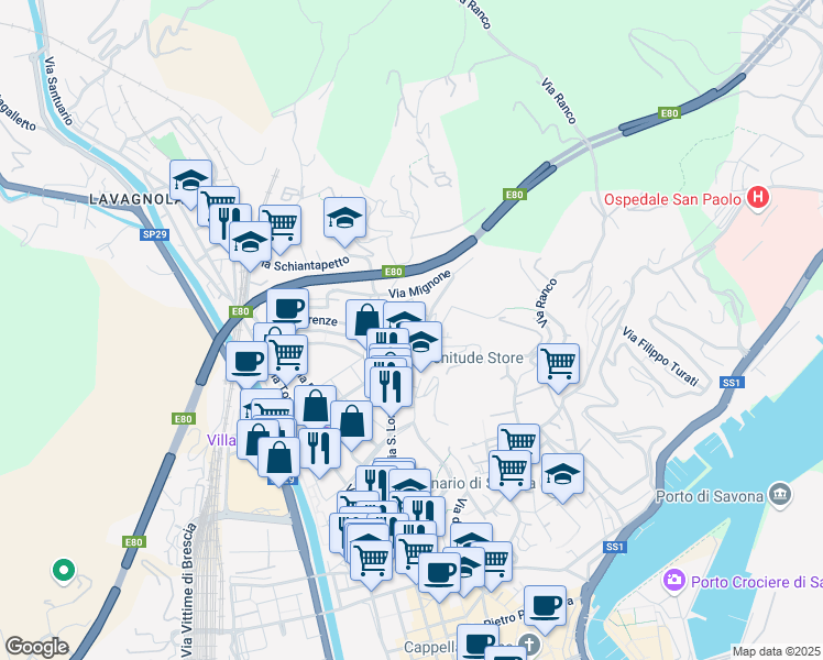 map of restaurants, bars, coffee shops, grocery stores, and more near Via Giobatta Cassinis in Savona