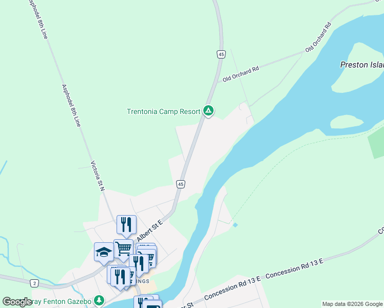 map of restaurants, bars, coffee shops, grocery stores, and more near 1355 County Road 45 in Asphodel-Norwood