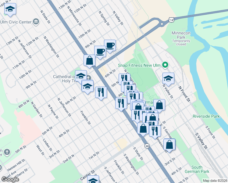 map of restaurants, bars, coffee shops, grocery stores, and more near 419 North Minnesota Street in New Ulm