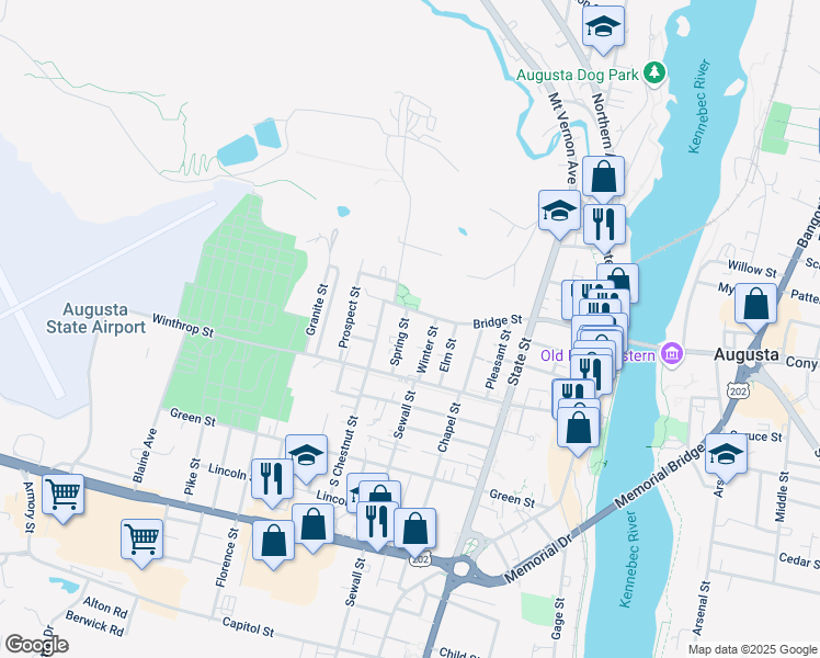 map of restaurants, bars, coffee shops, grocery stores, and more near 18 Spring Street in Augusta