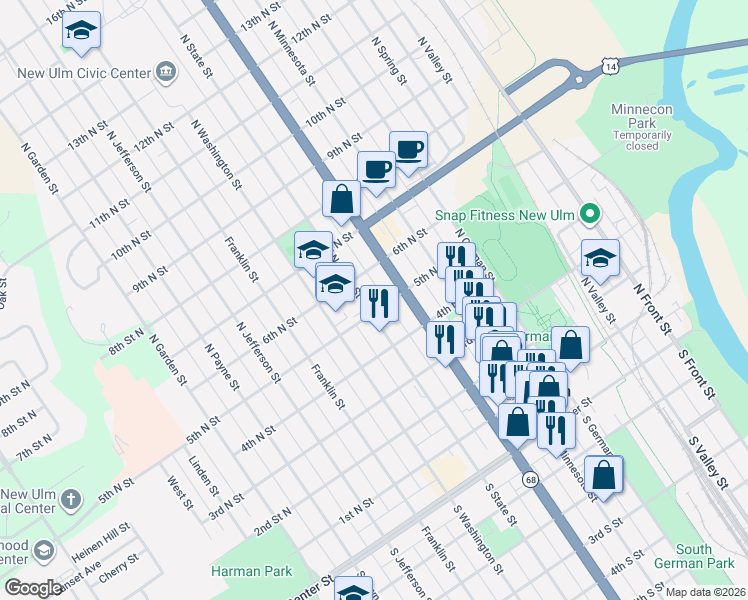 map of restaurants, bars, coffee shops, grocery stores, and more near 500 North State Street in New Ulm