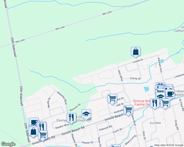 map of restaurants, bars, coffee shops, grocery stores, and more near 1226 Leslie Drive in Innisfil