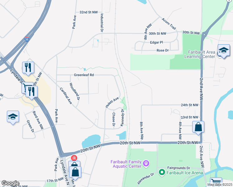 map of restaurants, bars, coffee shops, grocery stores, and more near 2515 Hulett Court in Faribault