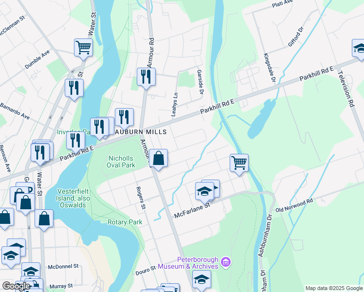map of restaurants, bars, coffee shops, grocery stores, and more near in Peterborough