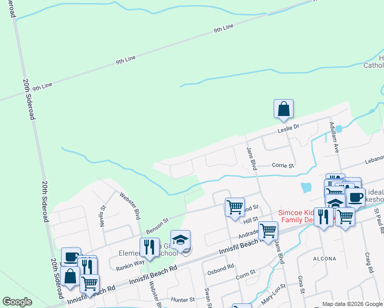 map of restaurants, bars, coffee shops, grocery stores, and more near 1230 Leslie Drive in Innisfil