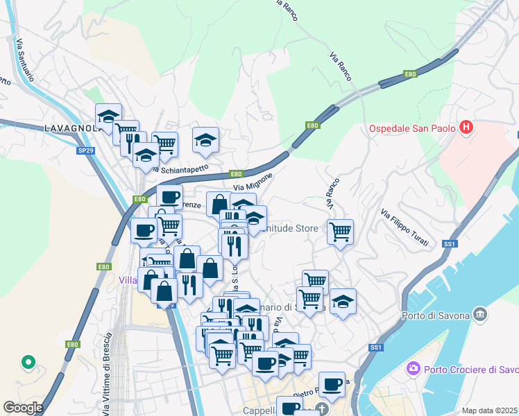 map of restaurants, bars, coffee shops, grocery stores, and more near Via Giobatta Cassinis in Savona