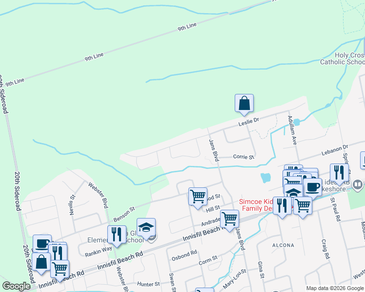 map of restaurants, bars, coffee shops, grocery stores, and more near 1187 Leslie Drive in Innisfil