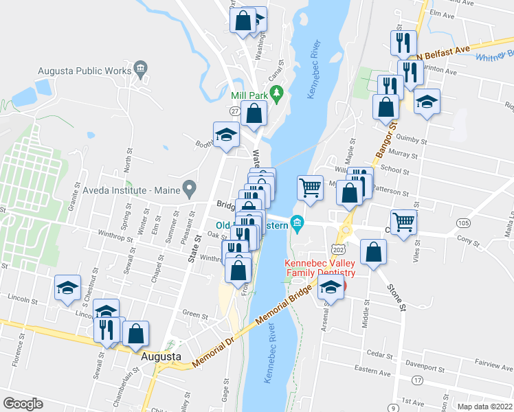 map of restaurants, bars, coffee shops, grocery stores, and more near 166 Water Street in Augusta