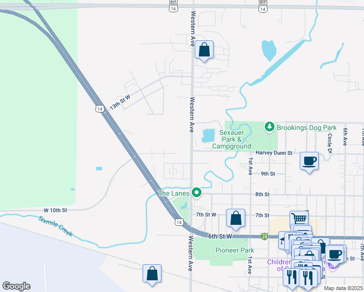 map of restaurants, bars, coffee shops, grocery stores, and more near 1009 Western Avenue in Brookings