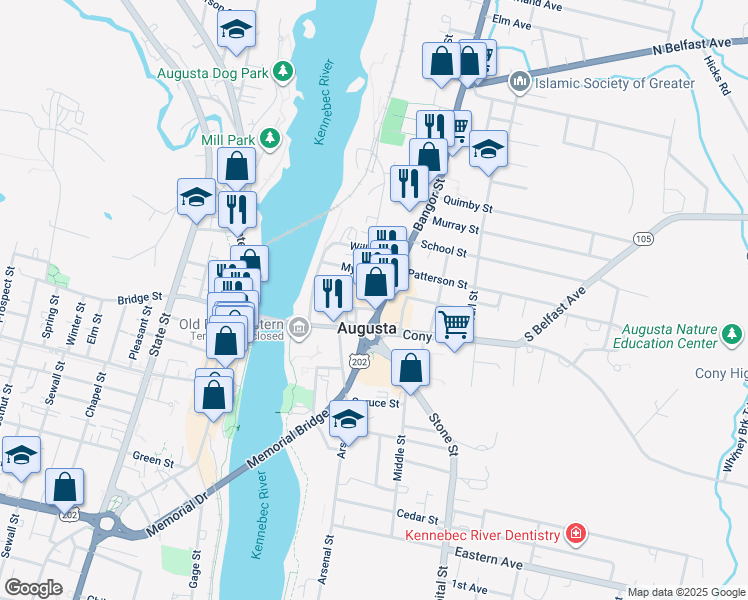 map of restaurants, bars, coffee shops, grocery stores, and more near 10 Bangor Street in Augusta