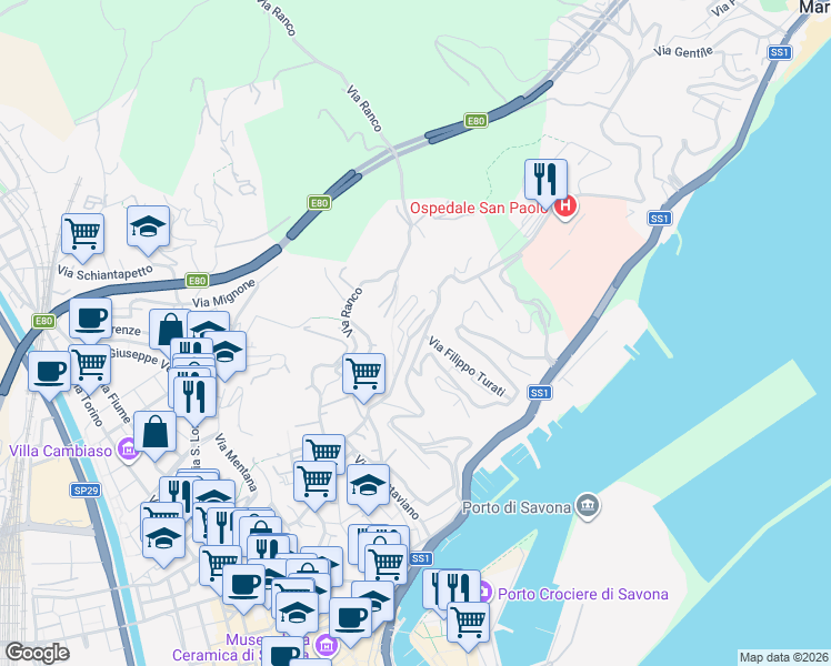 map of restaurants, bars, coffee shops, grocery stores, and more near 7 Via Visca Angelo in Savona
