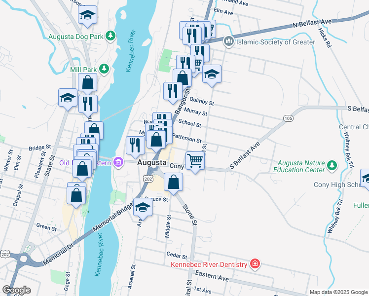 map of restaurants, bars, coffee shops, grocery stores, and more near 14 Gannett Street in Augusta