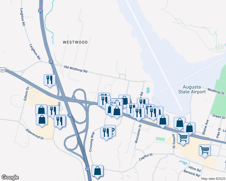 map of restaurants, bars, coffee shops, grocery stores, and more near 28 Pine Brook Drive in Augusta