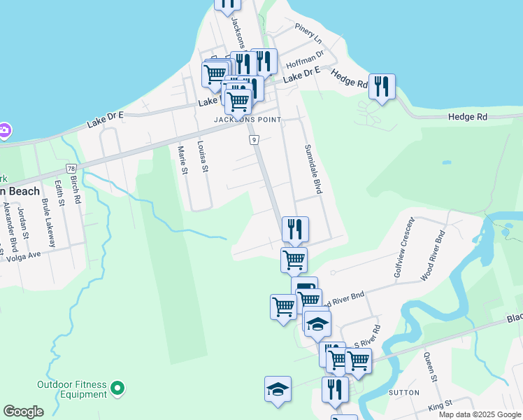 map of restaurants, bars, coffee shops, grocery stores, and more near 21028 Dalton Road in Georgina