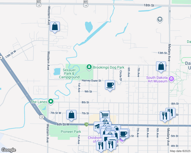 map of restaurants, bars, coffee shops, grocery stores, and more near 1009 3rd Avenue in Brookings