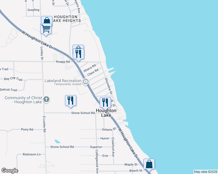 map of restaurants, bars, coffee shops, grocery stores, and more near 127 Grand Rapids Road in Houghton Lake