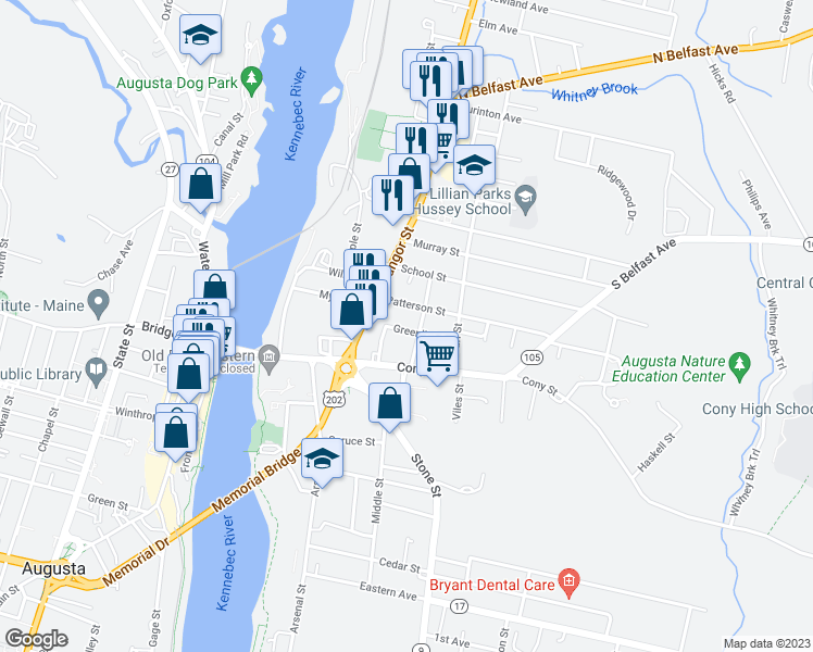 map of restaurants, bars, coffee shops, grocery stores, and more near 17 Greenlief Street in Augusta