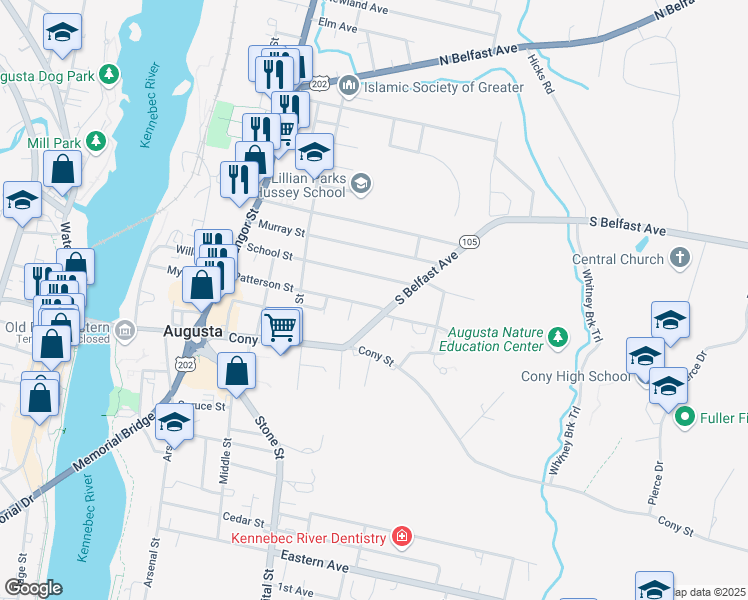 map of restaurants, bars, coffee shops, grocery stores, and more near 63 Patterson Street in Augusta