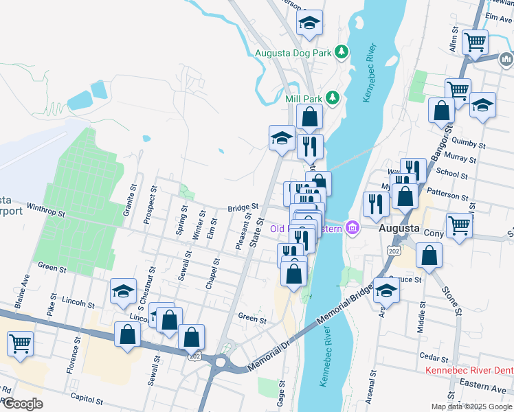 map of restaurants, bars, coffee shops, grocery stores, and more near 41 Bridge Street in Augusta