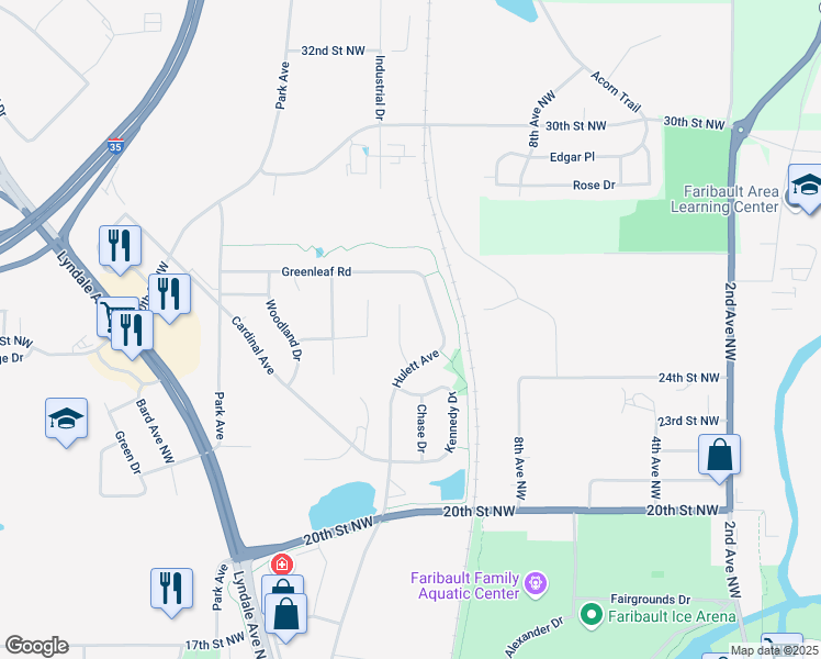 map of restaurants, bars, coffee shops, grocery stores, and more near 2515 Hulett Court in Faribault