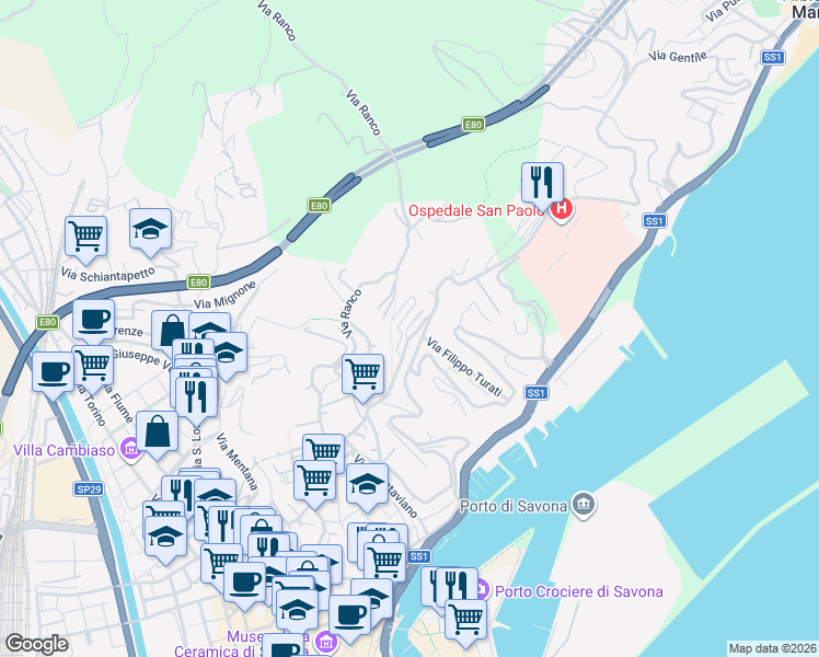 map of restaurants, bars, coffee shops, grocery stores, and more near 7 Via Visca Angelo in Savona