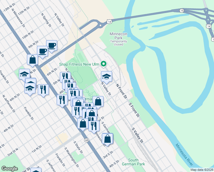 map of restaurants, bars, coffee shops, grocery stores, and more near 208 North Valley Street in New Ulm