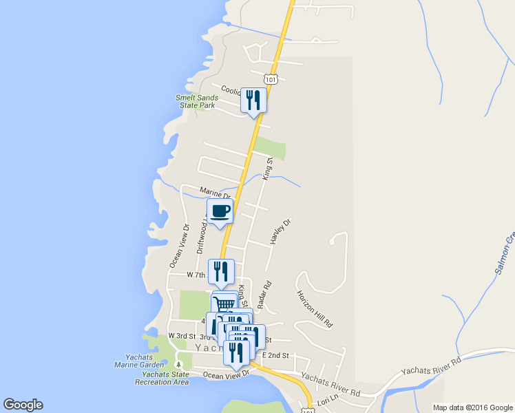 map of restaurants, bars, coffee shops, grocery stores, and more near 1190 King Street in Yachats