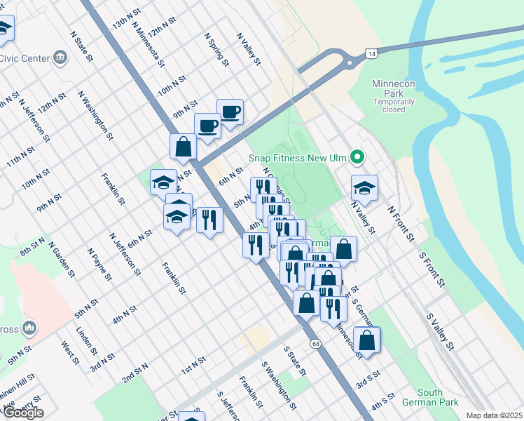 map of restaurants, bars, coffee shops, grocery stores, and more near 404 North Minnesota Street in New Ulm
