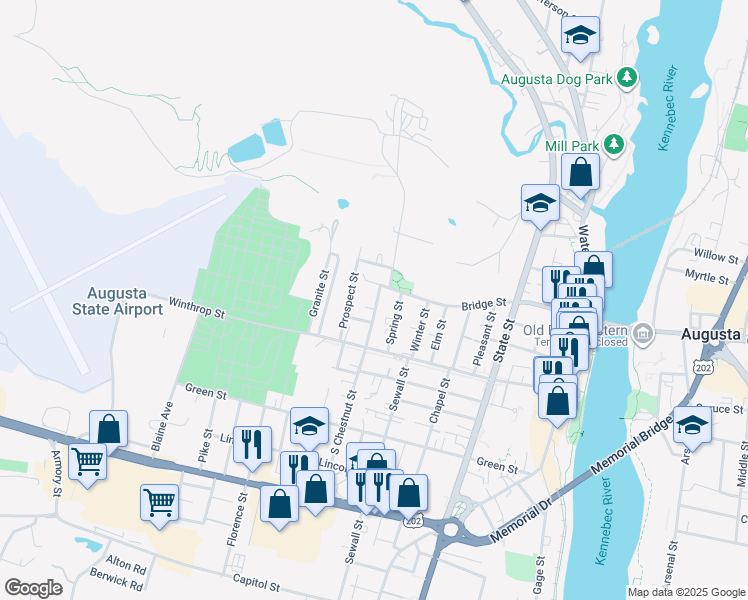 map of restaurants, bars, coffee shops, grocery stores, and more near 18 North Chestnut Street in Augusta