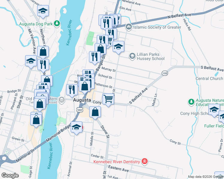 map of restaurants, bars, coffee shops, grocery stores, and more near 11 Pearl Street in Augusta