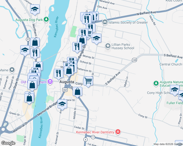 map of restaurants, bars, coffee shops, grocery stores, and more near 11 Pearl Street in Augusta