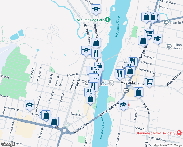 map of restaurants, bars, coffee shops, grocery stores, and more near 62 Crosby Street Place in Augusta