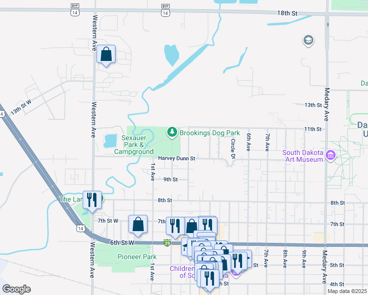 map of restaurants, bars, coffee shops, grocery stores, and more near 1009 3rd Avenue in Brookings