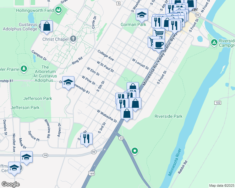 map of restaurants, bars, coffee shops, grocery stores, and more near 401 West Pine Street in Saint Peter