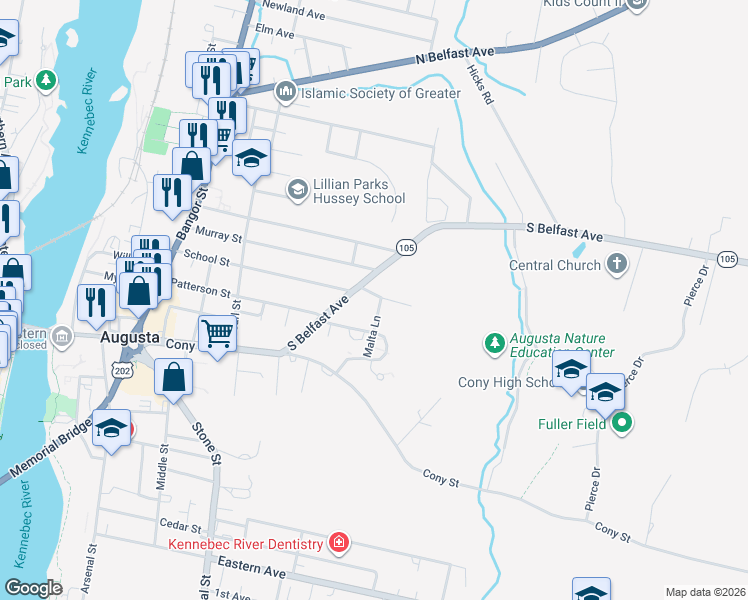 map of restaurants, bars, coffee shops, grocery stores, and more near 8 Carlisle Avenue in Augusta