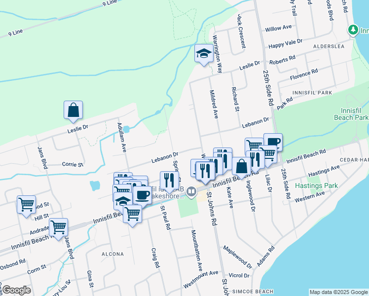 map of restaurants, bars, coffee shops, grocery stores, and more near 970 Lebanon Drive in Innisfil