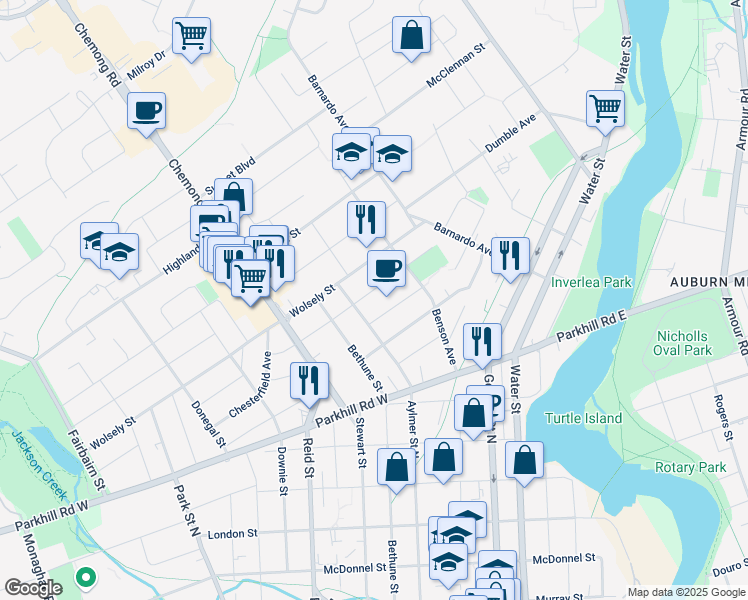 map of restaurants, bars, coffee shops, grocery stores, and more near in Peterborough