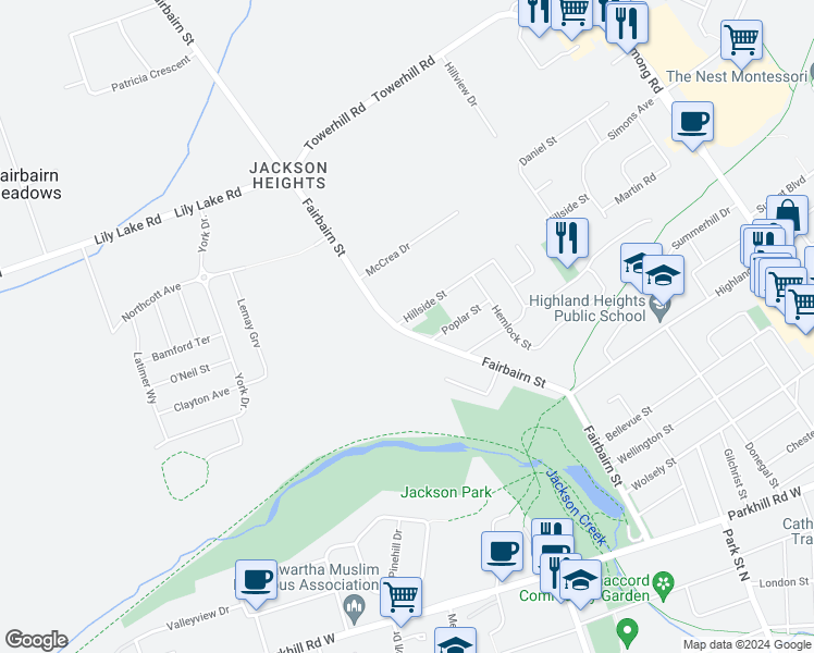 map of restaurants, bars, coffee shops, grocery stores, and more near 902 Fairbairn Street in Peterborough
