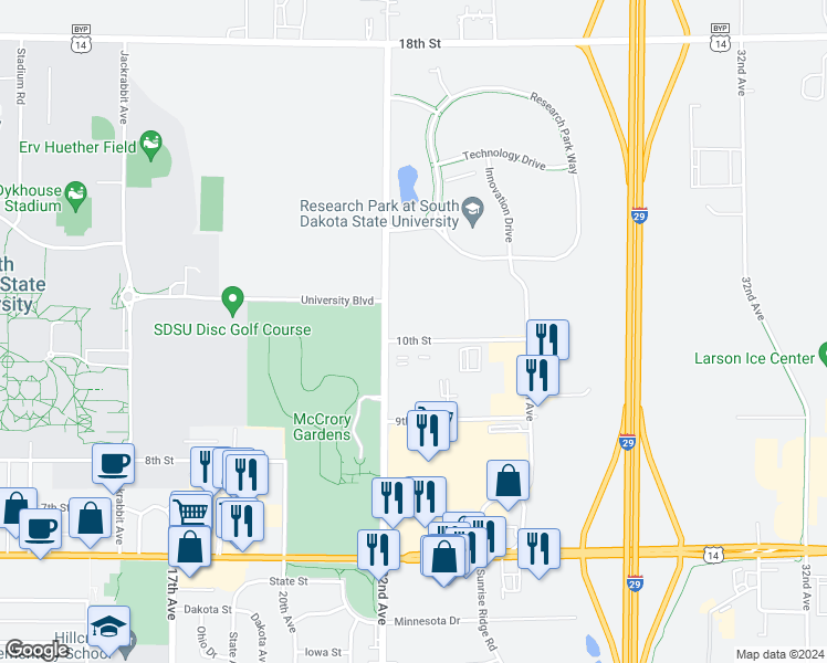 map of restaurants, bars, coffee shops, grocery stores, and more near 2221 10th Street in Brookings