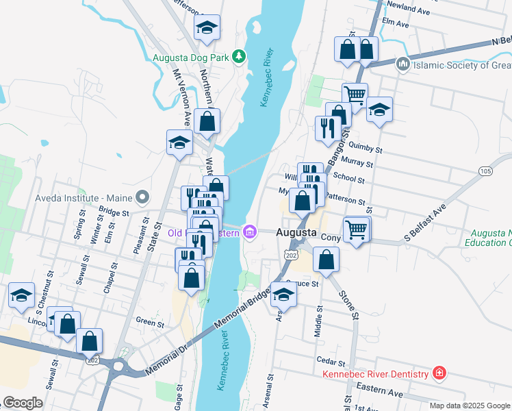 map of restaurants, bars, coffee shops, grocery stores, and more near 21 Willow Street in Augusta