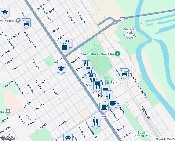 map of restaurants, bars, coffee shops, grocery stores, and more near 404 North Minnesota Street in New Ulm