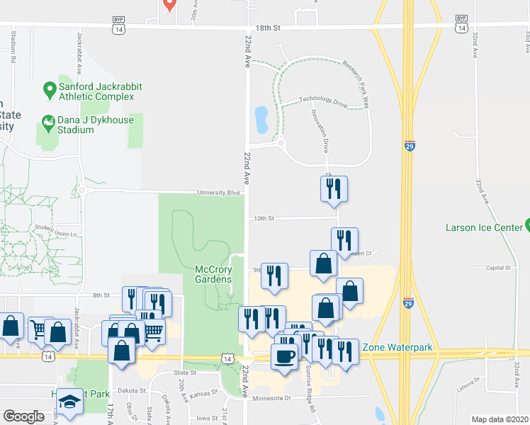 map of restaurants, bars, coffee shops, grocery stores, and more near 2232 10th Street in Brookings