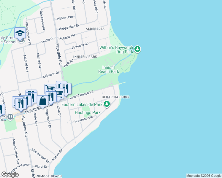 map of restaurants, bars, coffee shops, grocery stores, and more near 687 Innisfil Beach Road in Innisfil