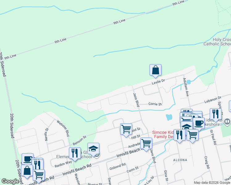 map of restaurants, bars, coffee shops, grocery stores, and more near 1184 Leslie Drive in Innisfil