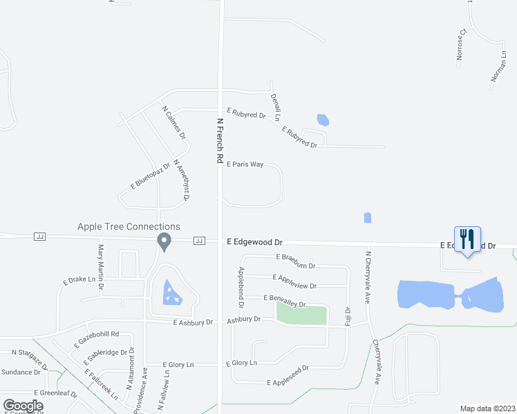map of restaurants, bars, coffee shops, grocery stores, and more near 3422 East Paris Way in Appleton