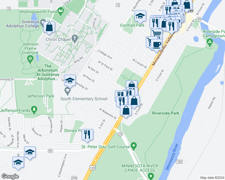 map of restaurants, bars, coffee shops, grocery stores, and more near 401 West Pine Street in Saint Peter