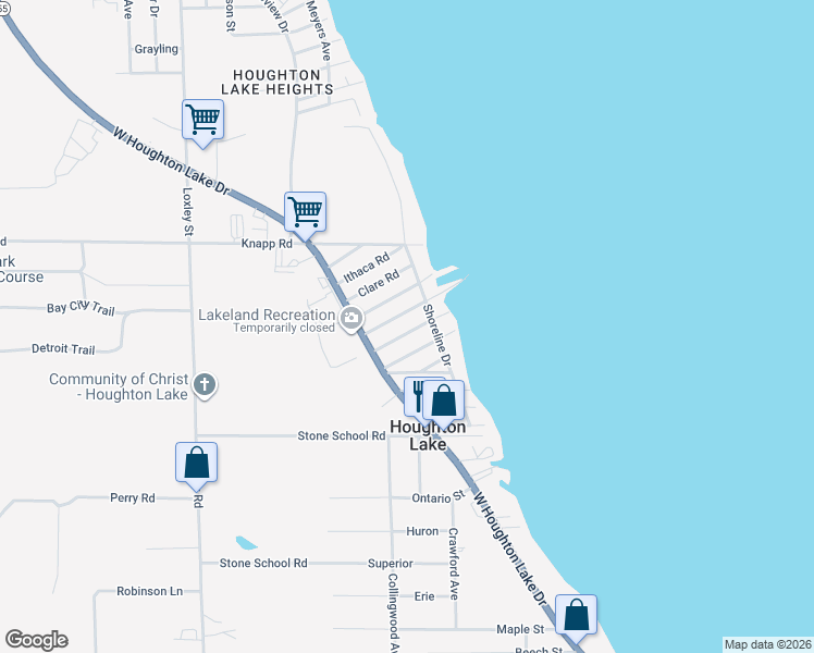 map of restaurants, bars, coffee shops, grocery stores, and more near 101-127 Grand Rapids in Roscommon Township
