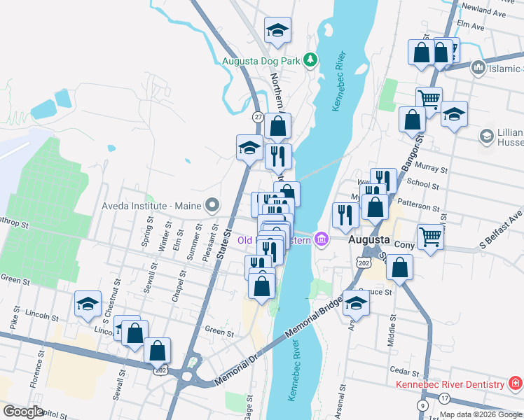 map of restaurants, bars, coffee shops, grocery stores, and more near 62 Crosby Street Place in Augusta